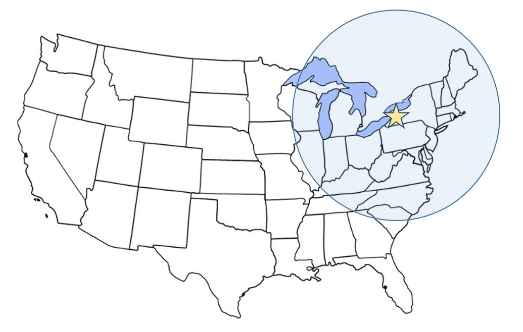Map of the United States with a star marking Steuben’s headquarters in Western New York