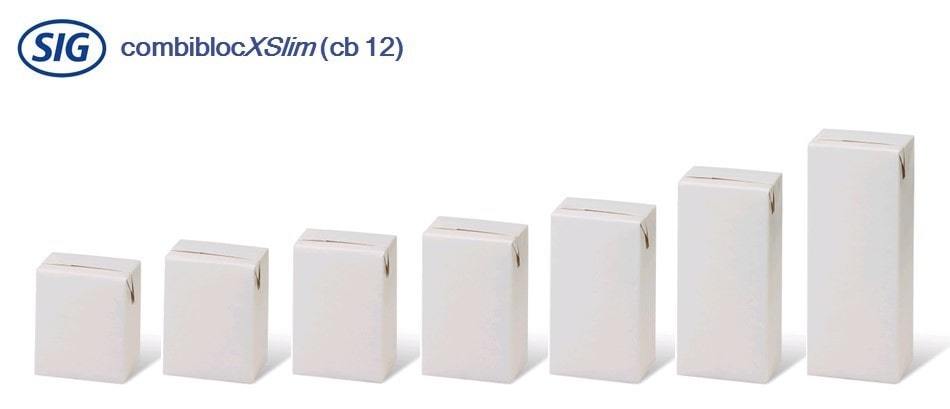 SIG CombiBloc XSlim (cb 12) are compact aseptic cartons available in eight different sizes: 80mL (2.7 fl. oz.), 90mL (3.0 fl. oz.), 100 mL (3.4 fl. oz.), 110 mL (3.7 fl. oz.), 125 mL (3.7 fl. oz.), 150 mL (5.1 fl. oz.), 180 mL (6.1 fl. oz.)